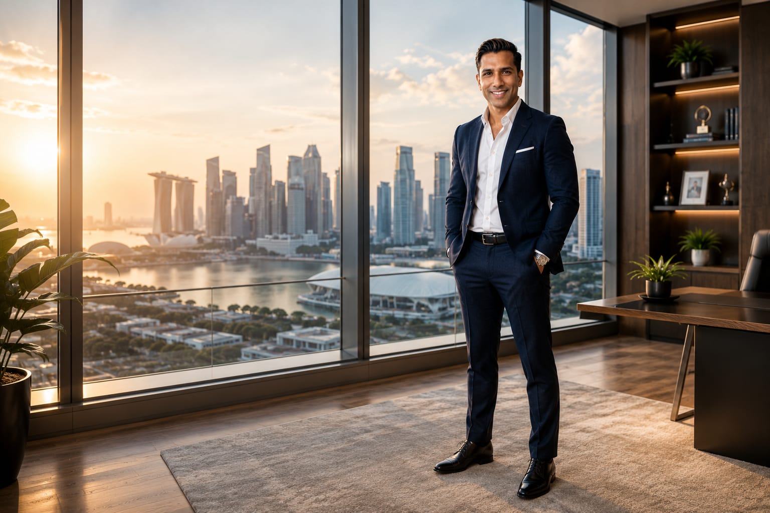 Portrait of David King, The Phoenix, in a high-rise office overlooking the Singapore skyline